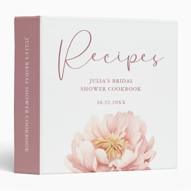 Dusty Pink Peony Bridal Shower Recipes 3 Ring Binder (Front/Spine)