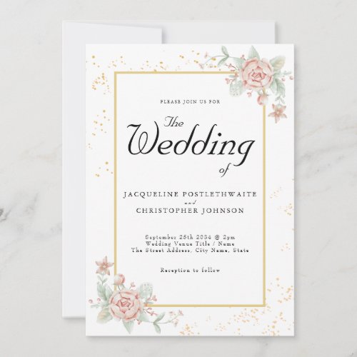 Dusty Pink Peony Floral Chic Watercolor Wedding Invitation