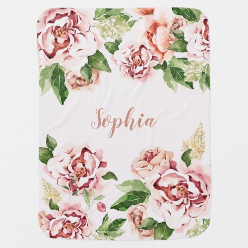 Dusty Pink Peony Floral Girl Name Baby Baby Blanket