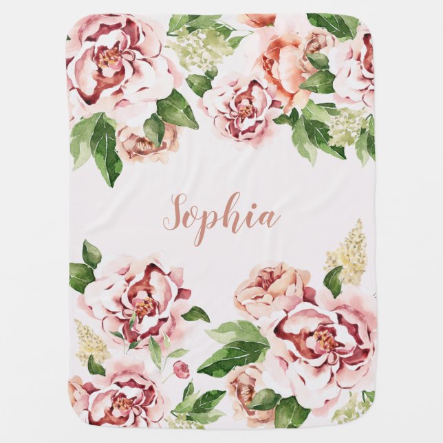 Dusty Pink Peony Floral Girl Name Baby Baby Blanket (Front)