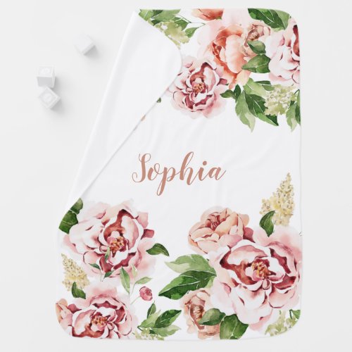 Dusty Pink Peony Floral Girl Name Baby Baby Blanket