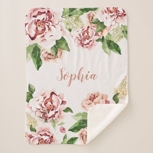 Dusty Pink Peony Floral Girl Name Baby Sherpa Blanket