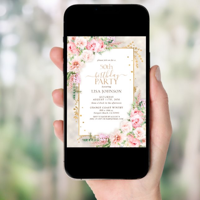 Dusty Pink Peony Floral Gold Shimmer 50th Birthday Invitation (Front Digital)