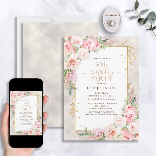 Dusty Pink Peony Floral Gold Shimmer 50th Birthday Invitation