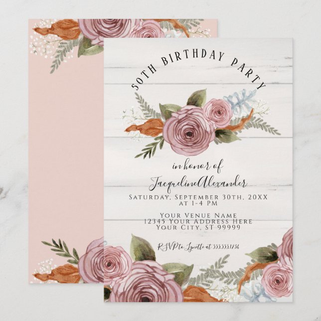 Dusty Pink Peony Floral Rustic Wood Birthday Party Invitation (Front/Back)