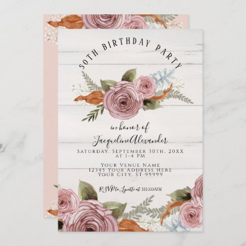 Dusty Pink Peony Floral Rustic Wood Birthday Party Invitation
