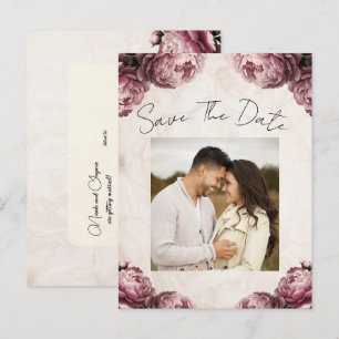 Dusty Pink Peony Flowers Vintage Save the Date Announcement Postcard