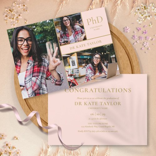 Dusty Pink PhD Degree 3 Photo Graduation Party Invitation