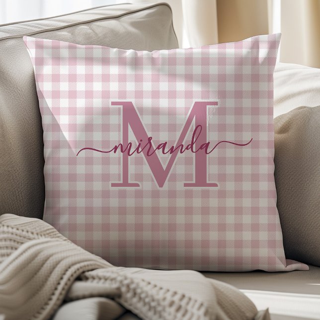 Dusty Pink Plaid Throw Pillow with Monogram (Creator Uploaded)