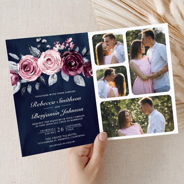 Dusty Pink Plum Purple Floral QR Code Navy Wedding Invitation (Creator Uploaded)