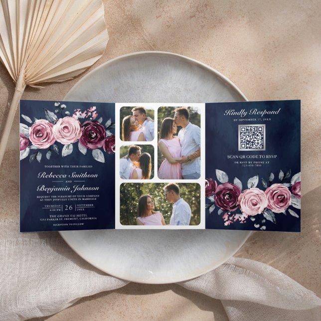 Dusty Pink Plum Purple Floral QR Code Navy Wedding Tri-Fold Invitation (Creator Uploaded)