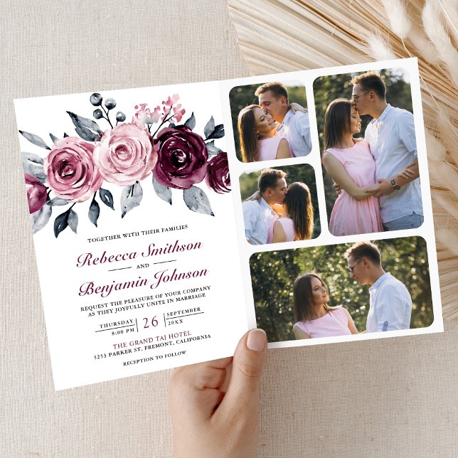 Dusty Pink Plum Purple Floral QR Code Wedding Invitation (Creator Uploaded)