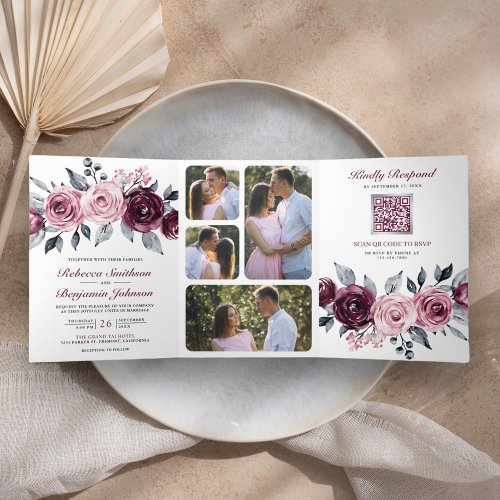 Dusty Pink Plum Purple Floral QR Code Wedding Tri_Fold Invitation