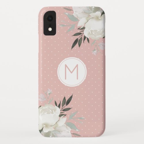 Dusty Pink Polka Dot White Rose Floral Monogram iPhone XR Case