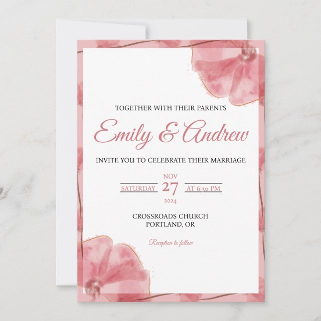 Dusty Pink Poppy Boho Floral Watercolor Wedding Invitation (Front)