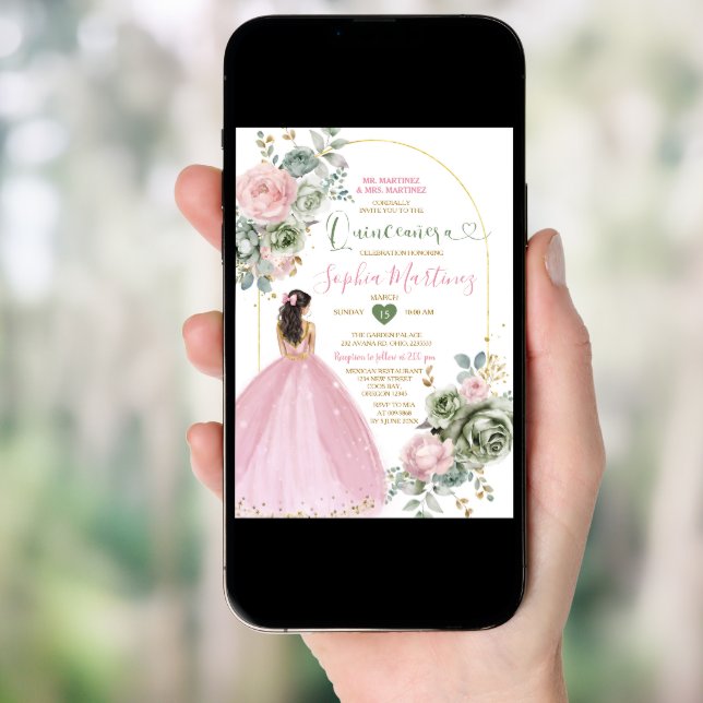 Dusty Pink Princess Dress Sage Floral Quiñceanera Invitation (Front Digital)