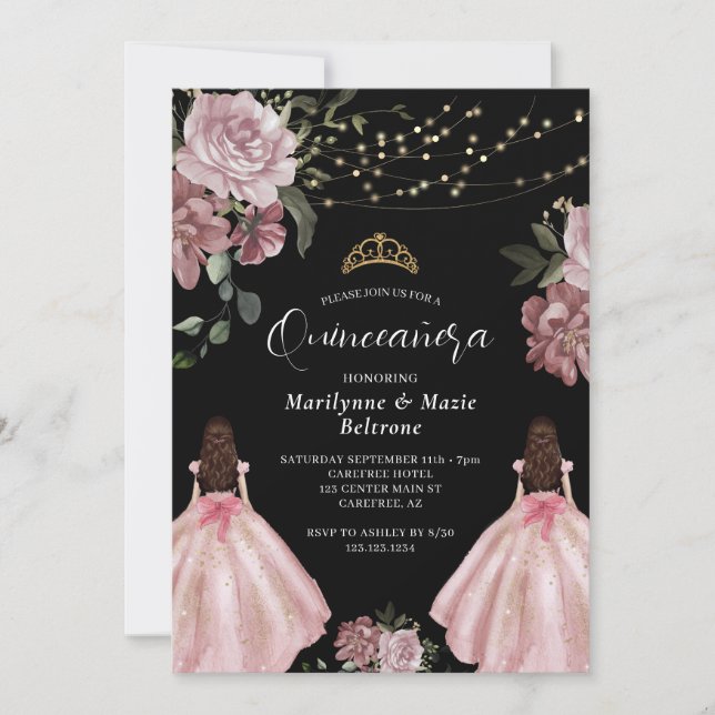 Dusty Pink Princess Floral Twins Quinceañera Invitation (Front)