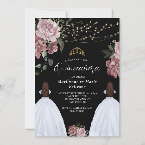 Dusty Pink Princess Floral Twins Quinceaera Invitation