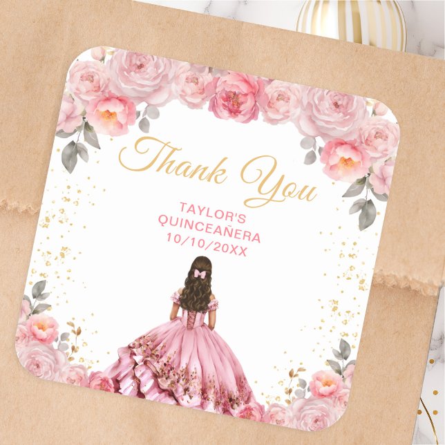 Dusty Pink Princess Quinceañera Thank You Square Sticker (Creator Uploaded)