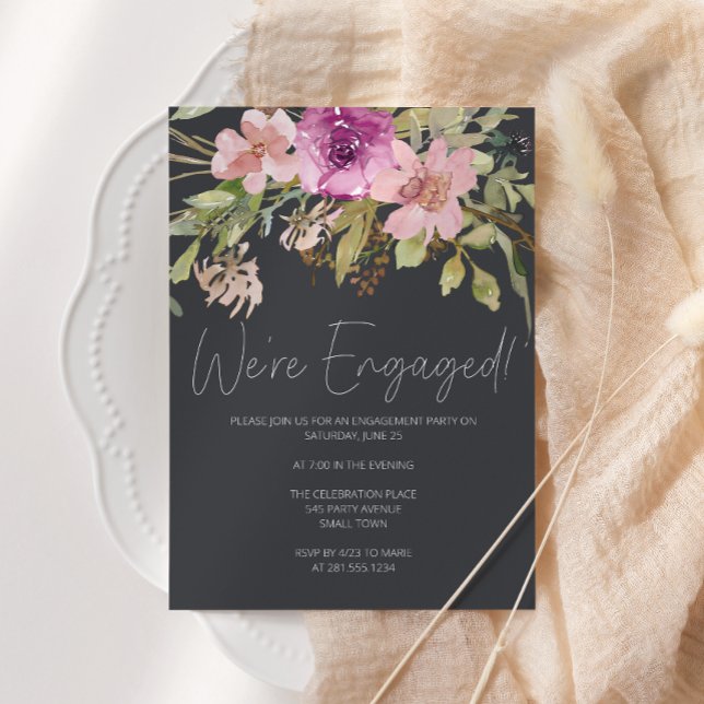Dusty Pink Purple Floral Charcoal Engagement Party Invitation (Creator Uploaded)