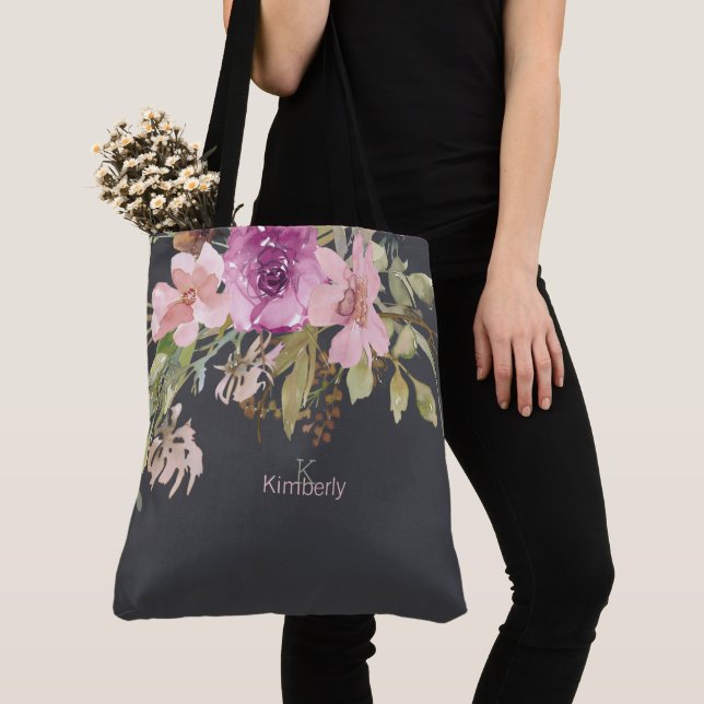 Dusty Pink Purple Floral Initial Monogram Tote Bag (Close Up)