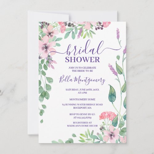 Dusty Pink Purple Wild Flower Bridal Shower Invitation