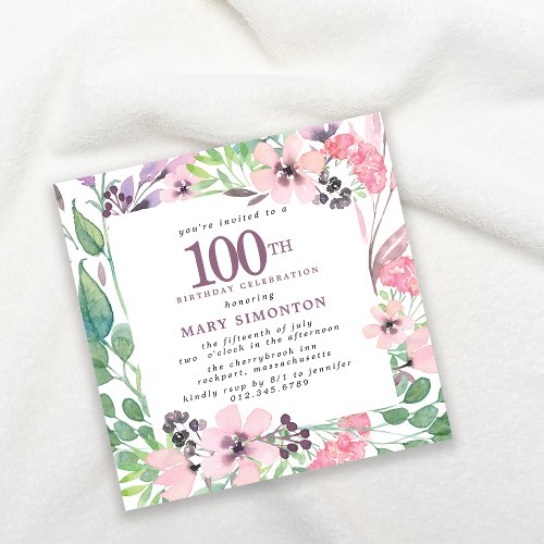 Dusty Pink Purple Wildflower 100th Birthday Invitation