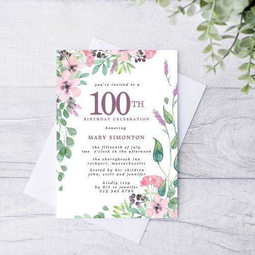 Dusty Pink Purple Wildflower 100th Birthday Invitation