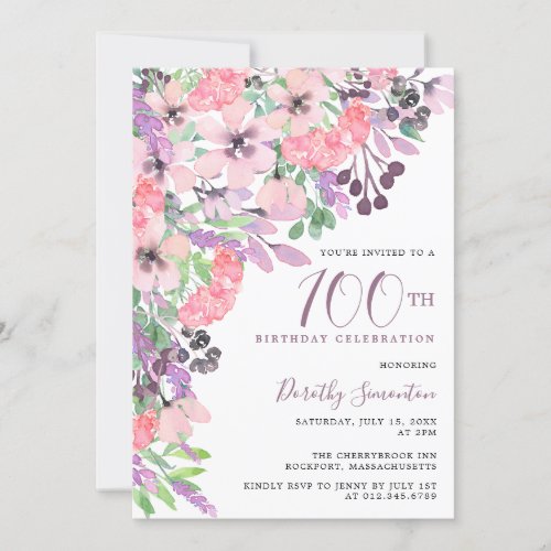 Dusty Pink Purple Wildflower 100th Birthday Invitation