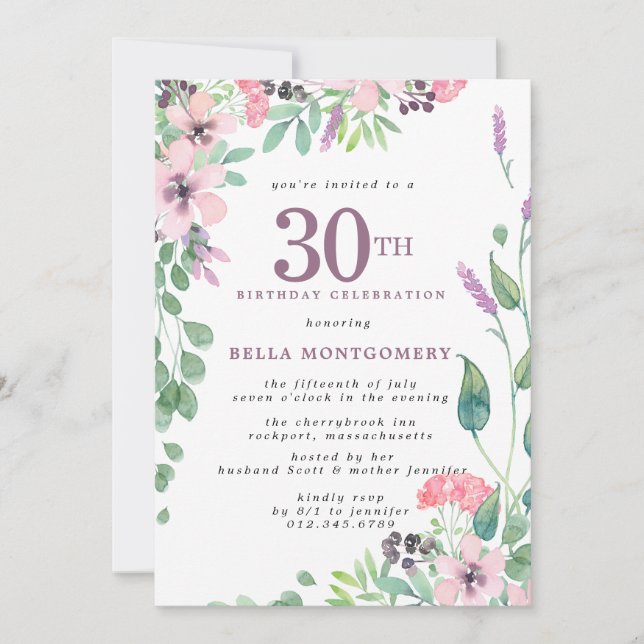 Dusty Pink Purple Wildflower 30th Birthday Invitation (Front)