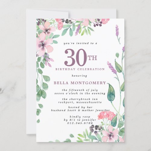 Dusty Pink Purple Wildflower 30th Birthday Invitation
