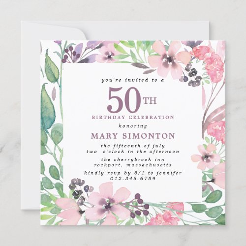 Dusty Pink Purple Wildflower 50th Birthday Invitation