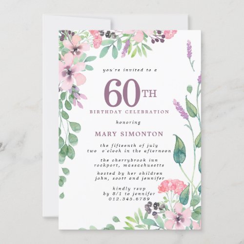 Dusty Pink Purple Wildflower 60th Birthday Invitation