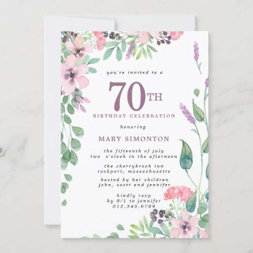 Dusty Pink Purple Wildflower 70th Birthday Invitation