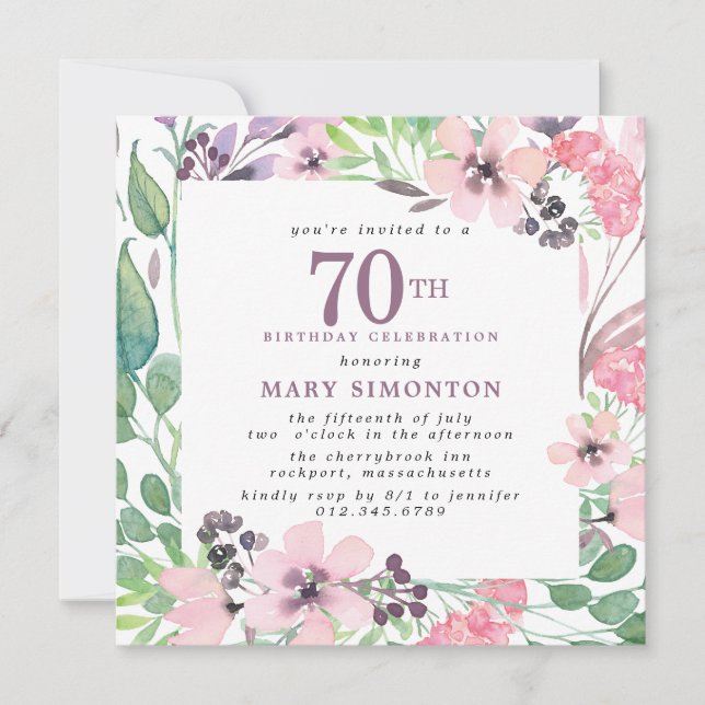 Dusty Pink Purple Wildflower 70th Birthday Invitation (Front)