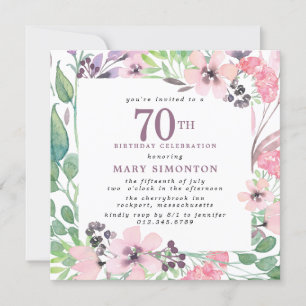 Dusty Pink Purple Wildflower 70th Birthday Invitation