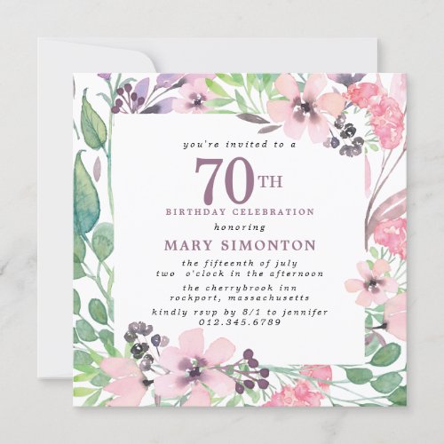 Dusty Pink Purple Wildflower 70th Birthday Invitation