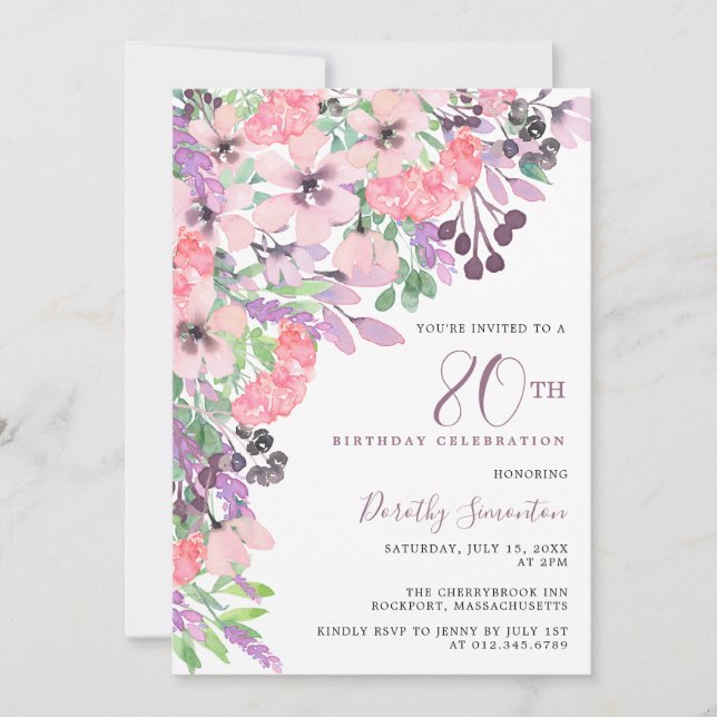 Dusty Pink Purple Wildflower 80th Birthday Invitation (Front)