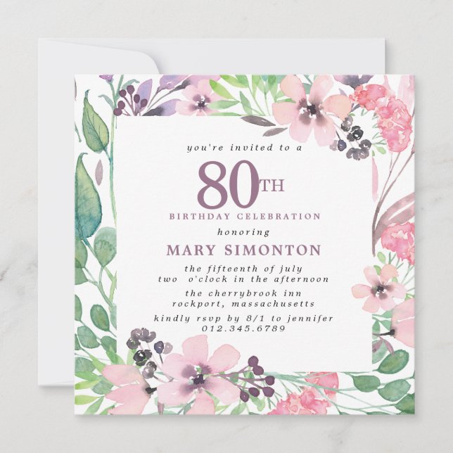 Dusty Pink Purple Wildflower 80th Birthday Invitation (Front)