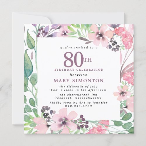 Dusty Pink Purple Wildflower 80th Birthday Invitation