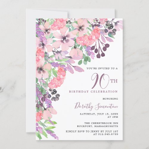 Dusty Pink Purple Wildflower 90th Birthday Invitation