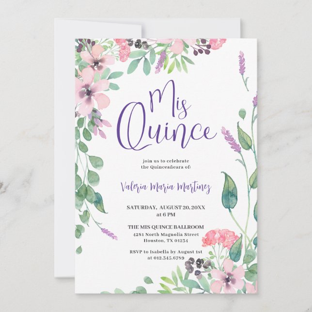 Dusty Pink Purple Wildflower Quinceanera Invitation (Front)