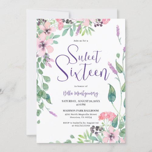 Dusty Pink Purple Wildflower Sweet 16 Invitation