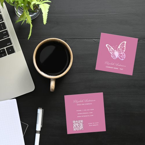 Dusty pink QR code butterfly elegant Square Business Card