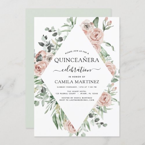 Dusty Pink Quinceaera Floral Greenery Eucalyptus  Invitation