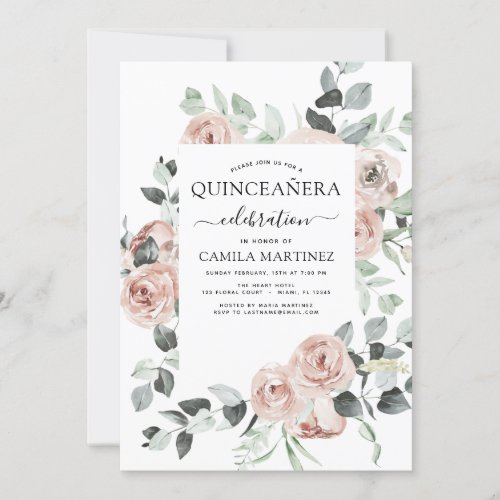 Dusty Pink Quinceaera Floral Greenery Invitation