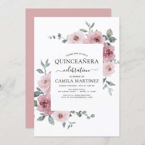Dusty Pink Quinceaera Floral Greenery Invitation