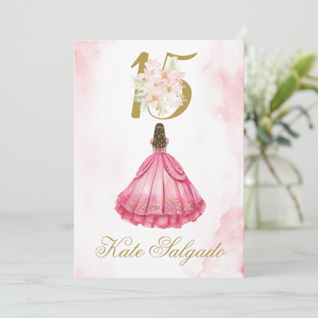 Dusty pink Quinceanera invitation  (Standing Front)