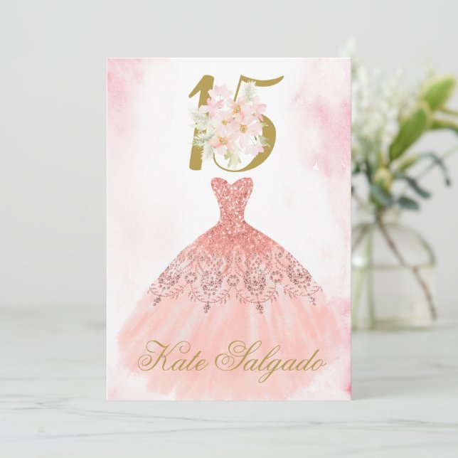 Dusty pink Quinceanera invitation  (Standing Front)