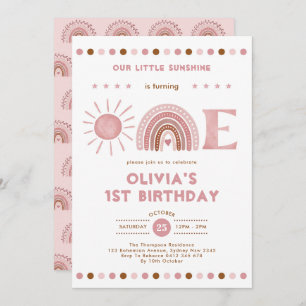 Dusty Pink Rainbow & Sunshine Girl 1st Birthday Invitation
